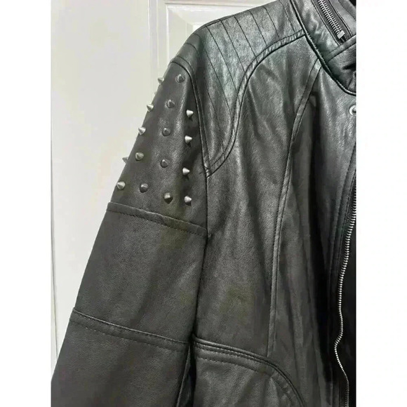 American Stitch Vegan Leather Mens Studded Biker Jacket Zippers Large - Picture 5 of 8